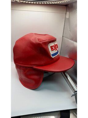 Vintage Exxon Red Winter Cap With Ear Flaps Unitog Small 6 3/4 Sz Faux Leather